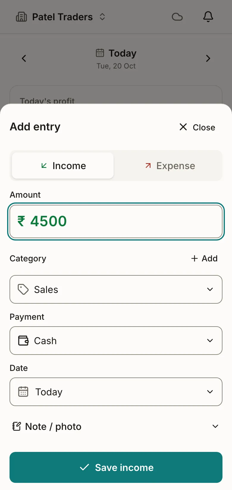 Tovan entry sheet showing an income or expense being recorded with category and amount