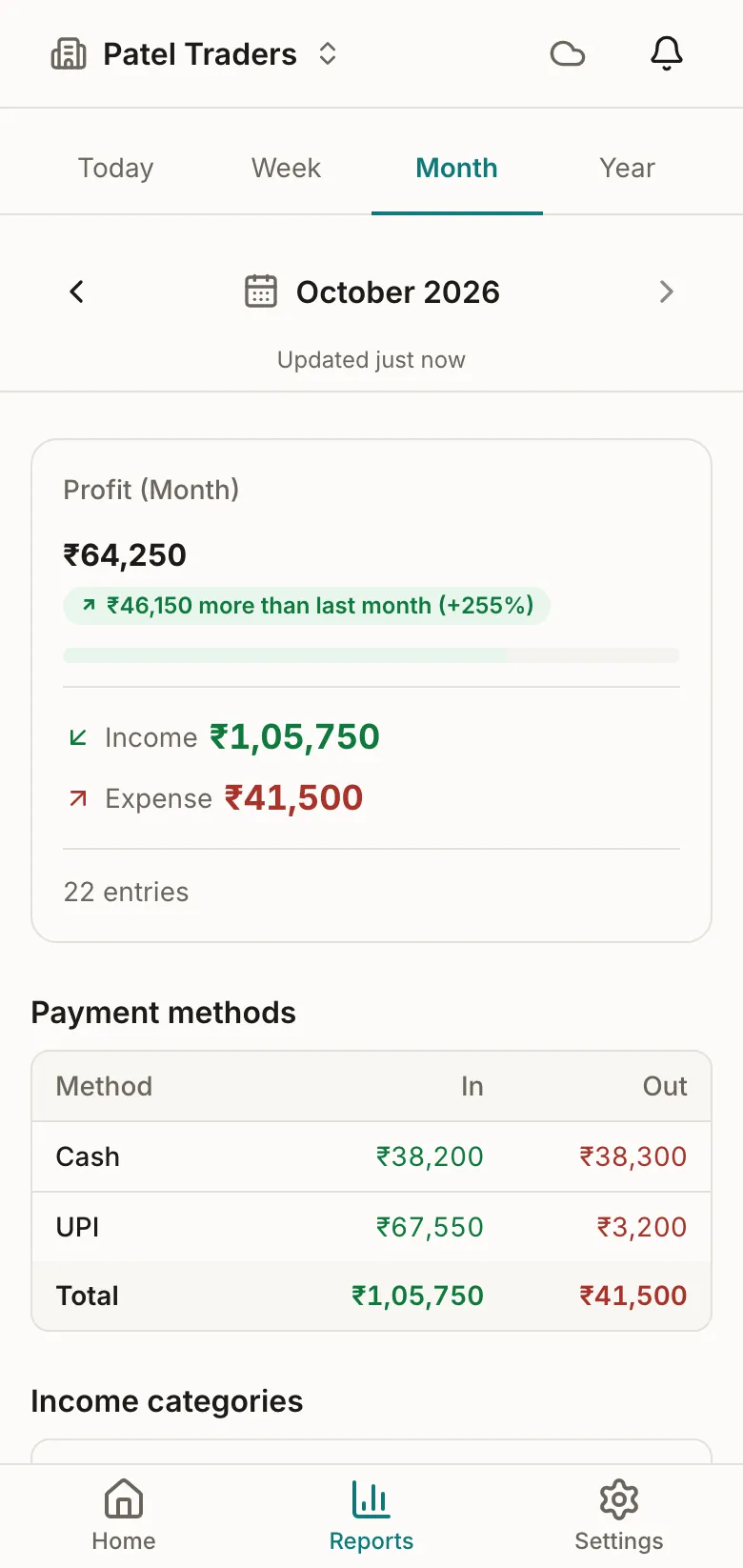 Tovan reports screen showing income, expense, and profit summaries with export options