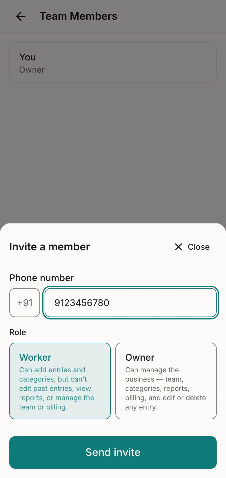 Tovan team settings screen showing invited team members and their roles